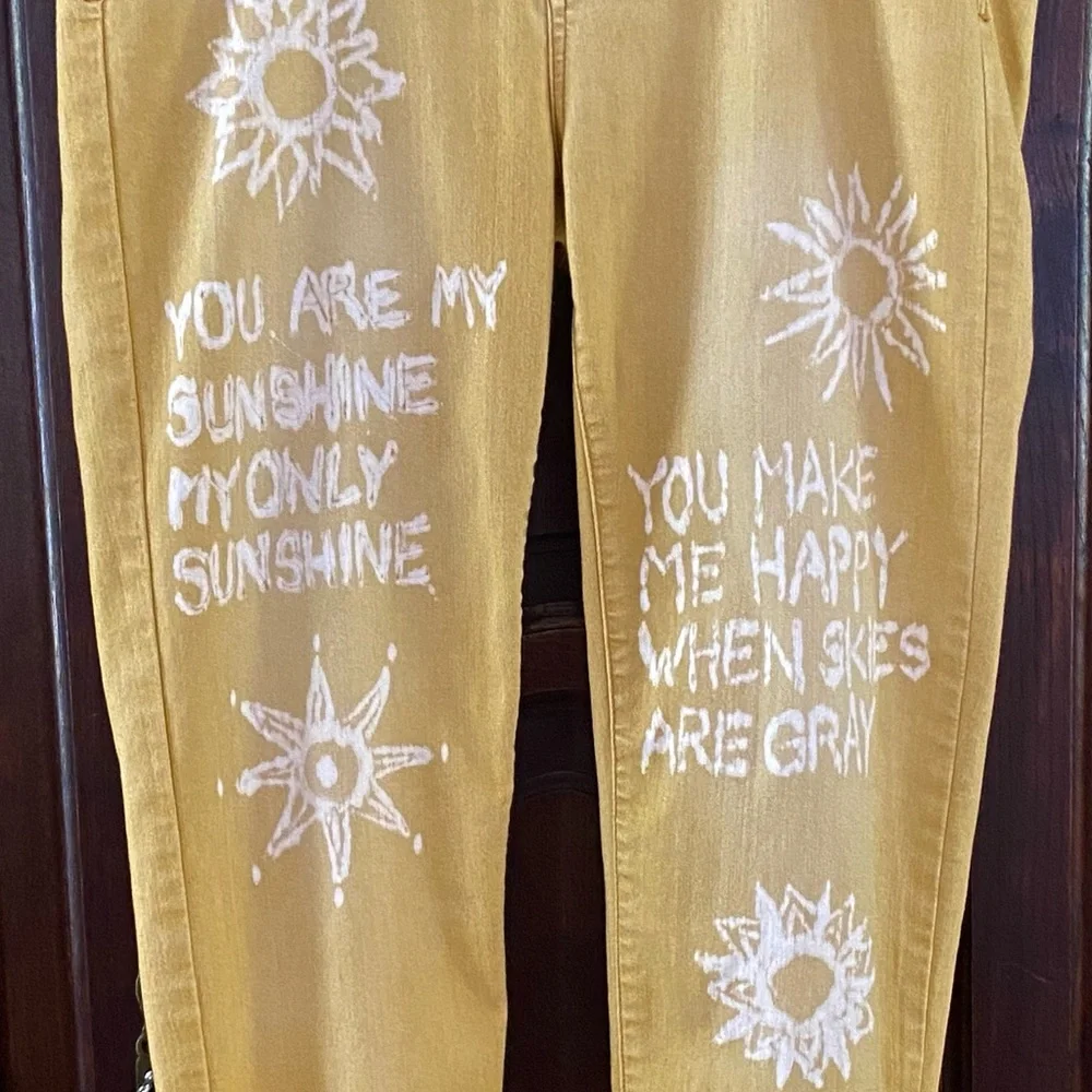 YOU ARE MY SUNSHINE One of a kind artisan up cycled denim mid rise skinny size15 - Picture 1 of 3